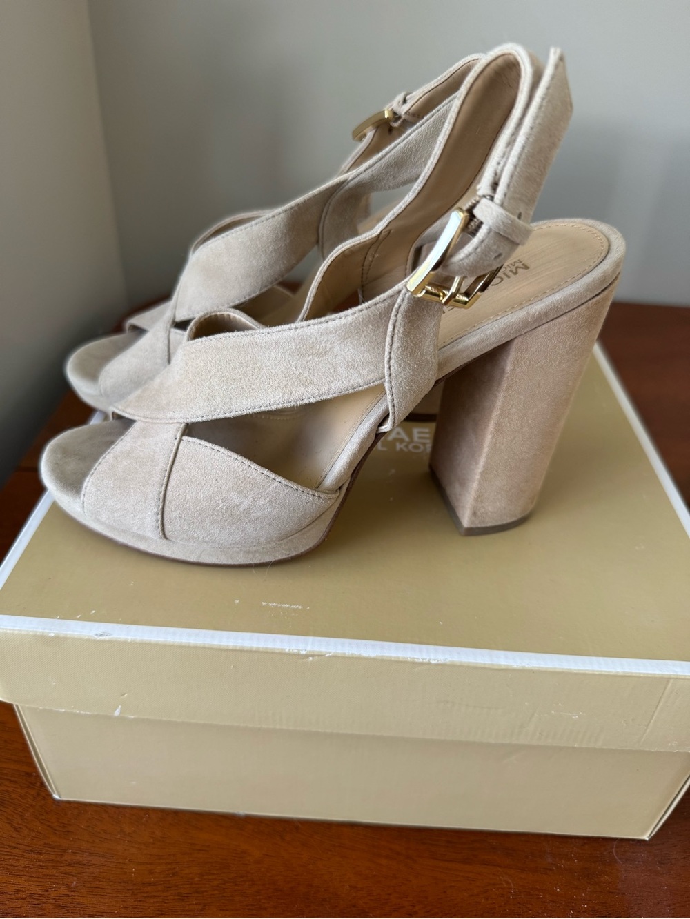 Michael Kors Beige Suede Platform Block Heel Sandals